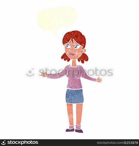 cartoon happy woman shrugging shoulders with speech bubble