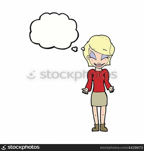 cartoon happy woman shrugging shoulders with thought bubble