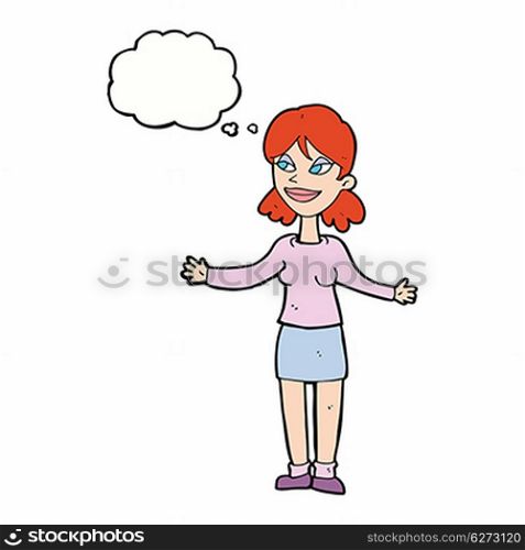 cartoon happy woman shrugging shoulders with thought bubble