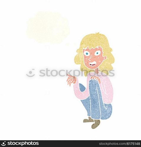 cartoon happy woman sitting and pointing with thought bubble
