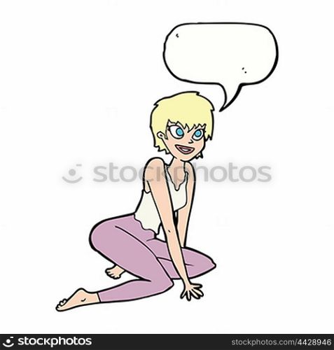 cartoon happy woman sitting on floor with speech bubble