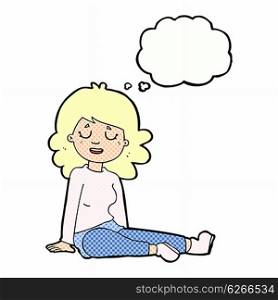 cartoon happy woman sitting on floor with thought bubble