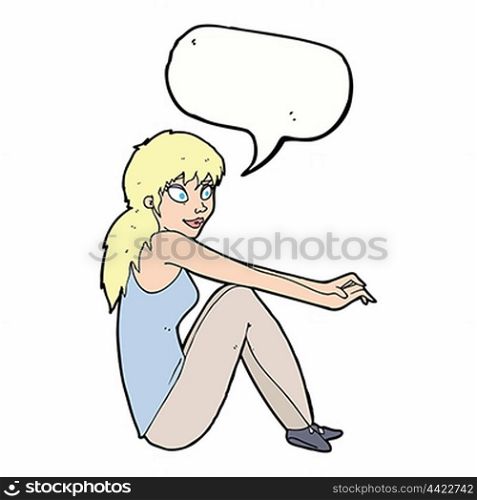 cartoon happy woman sitting with speech bubble