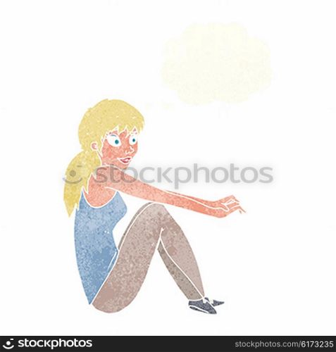 cartoon happy woman sitting with thought bubble