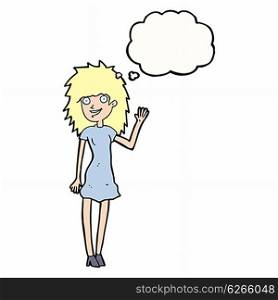 cartoon happy woman waving with thought bubble