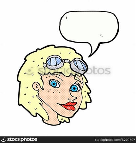 cartoon happy woman wearing aviator goggles with speech bubble