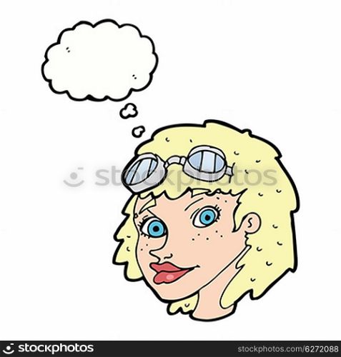 cartoon happy woman wearing aviator goggles with thought bubble