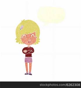 cartoon happy woman with folded arms with speech bubble