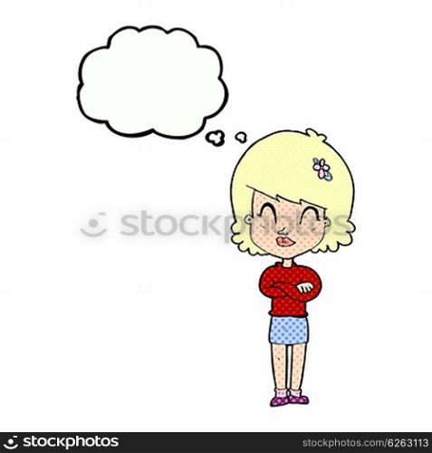 cartoon happy woman with folded arms with thought bubble