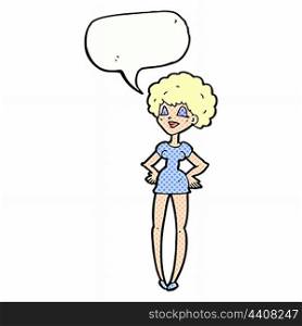 cartoon happy woman with hands on hips with speech bubble