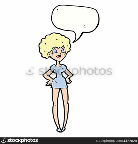 cartoon happy woman with hands on hips with speech bubble