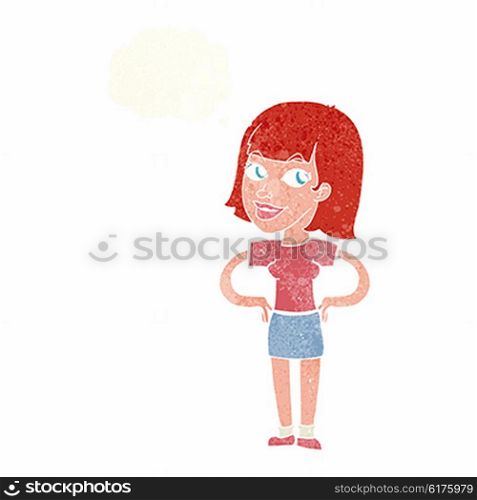 cartoon happy woman with hands on hips with thought bubble