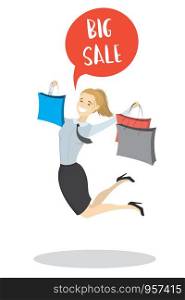 Cartoon happy woman with shopping bags, big sale concept background. Vector illustration