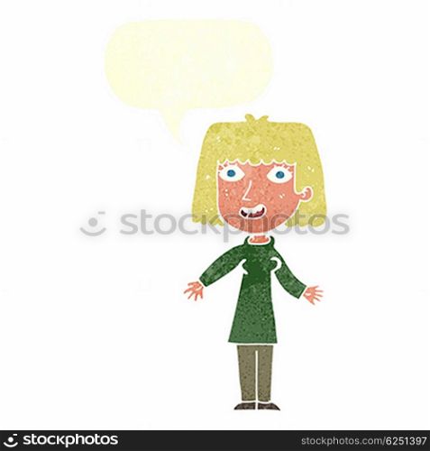 cartoon happy woman with speech bubble