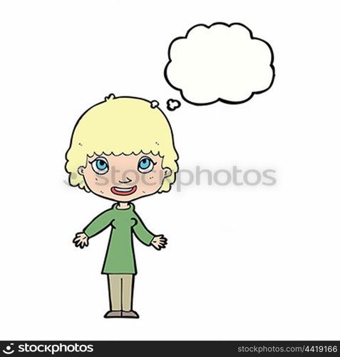 cartoon happy woman with thought bubble