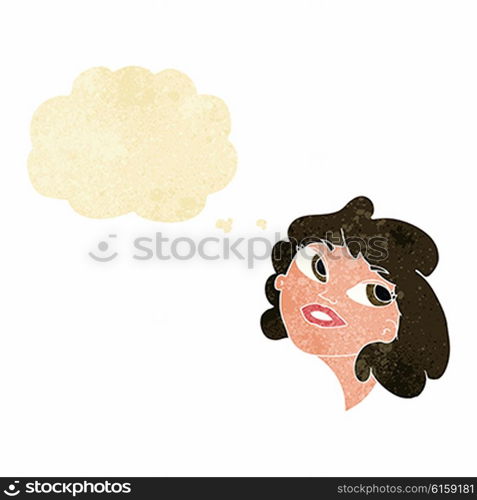 cartoon happy woman with thought bubble