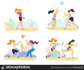 Cartoon Happy Women Characters and Summer Sport Outdoors Activities Flat Set. Beautiful Girls Playing Ball, Golf, Running Marathon. Healthy Lifestyle. Natural Scene. Vector Illustration. Women Characters and Sport Outdoors Activities Set