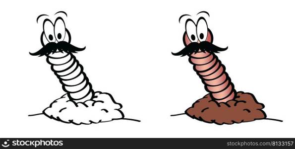Cartoon happy worm with moustache or beard and bottom. crawling worm. Vector crawl or creep earthworm on ground. Worms, insect with cute face and big eyes, earth worm mascot. creeping insects. Wildlife. Fich food.