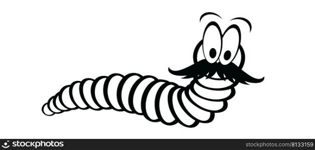 Cartoon happy worm with moustache or beard. crawling worm. Vector crawl or creep earthworm. Worms, insect with cute face and big eyes, earth worm mascot. creeping insects. Wildlife. Fish food.