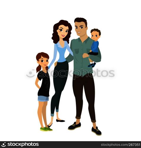 Cartoon happy young family of four people- dad, mom, son and daughter.Isolated on white background, stock vector illustration. Cartoon happy young family of four people