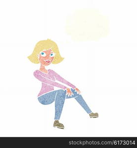 cartoon happywoman sitting with thought bubble