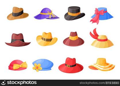 Cartoon hat. Travel hipster casual stylish cap, male and female headwear clothes. Vector fashion set illustration collection images isolated accessories. Cartoon hat. Travel hipster casual stylish cap, male and female headwear clothes. Vector fashion set
