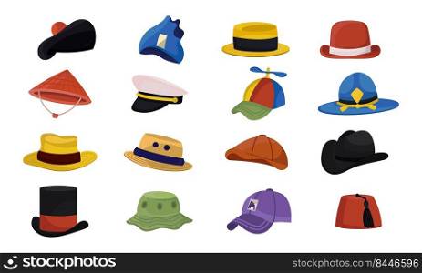 Cartoon hat trendy collection head wear. Cylinder, panama straw or cap clothes headgear vector illustration. Fashionable element headdress and icon drawing. Set group garment western and traditional
