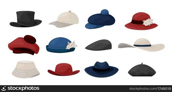 Cartoon hats. Fashion caps collection of vintage men and women head wearing, classic ladies and gentlemen headgear. Summer and autumn accessory vector isolated hat, cap and panama natural colors set. Cartoon hats. Fashion caps collection of vintage men and women head wearing, classic ladies and gentlemen headgear. Summer and autumn accessory vector isolated hat, cap and panama set