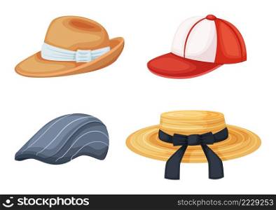 Cartoon hats. Female and male beach sun headwear with white and black ribbon bows. Teenage baseball cap for sport style. Man and woman stylish headgears isolated vector set. Elegant headdress. Cartoon hats. Female and male beach sun headwear with white and black ribbon bows. Teenage baseball cap for sport style