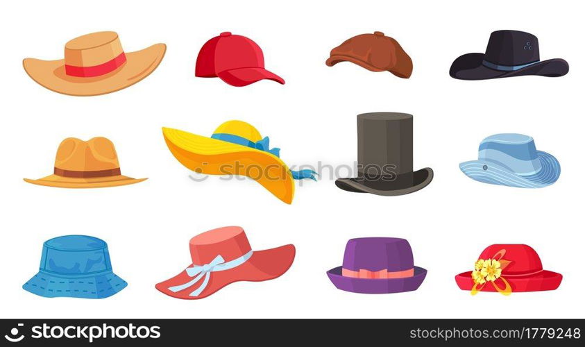 Cartoon hats. Female and male headwear, derby and cowboy, straw hat, cap, panama and cylinder. Summer women vintage fashion hats vector set. Illustration female and male accessory ca or hat. Cartoon hats. Female and male headwear, derby and cowboy, straw hat, cap, panama and cylinder. Summer women vintage fashion hats vector set
