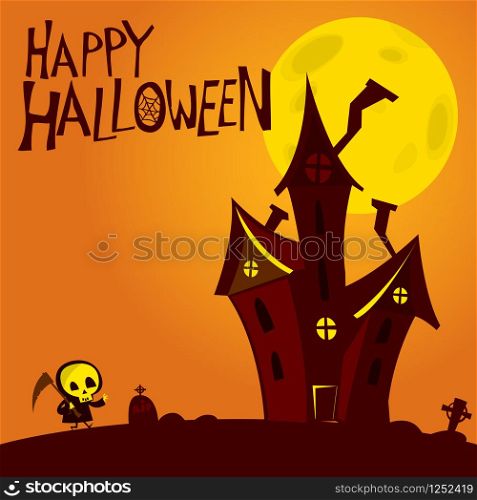 Cartoon haunted house on night background with a full moon behind. Halloween illustration
