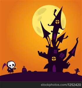 Cartoon haunted house on night background with a full moon behind. Halloween illustration