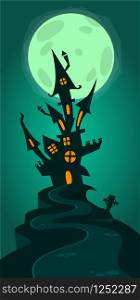 Cartoon haunted house on the hill on night background with a full moon behind. Halloween illustration