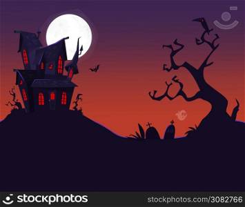 Cartoon haunted old house with the moon in background. Vetor illustration isolated