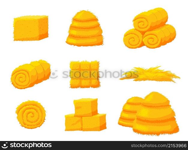 Cartoon hay. Bale straw, isolated farmers agriculture elements. Yellow dry grass, autumn harvest season. Haystack and pile wheat recent vector collection. Illustration agriculture farm straw and stack. Cartoon hay. Bale straw, isolated farmers agriculture elements. Yellow dry grass, autumn harvest season. Haystack and pile wheat recent vector collection