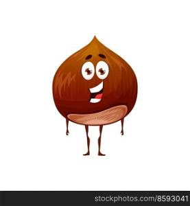 Cartoon hazelnut, cobnut or filbert nut character. Vector funny seed mascot with smiling face and big eyes. Healthy food positive emotions and expression, snack, live snack personage smile or laugh. Cartoon hazelnut, cobnut or filbert nut character