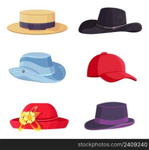 Cartoon headwear. Beach straw hat, fedora, baseball cap. Different colorful headgears for man and woman. Female and male summer vintage accessory, retro sun hats isolated vector set. Cartoon headwear. Beach straw hat, fedora, baseball cap. Different colorful headgears for man and woman