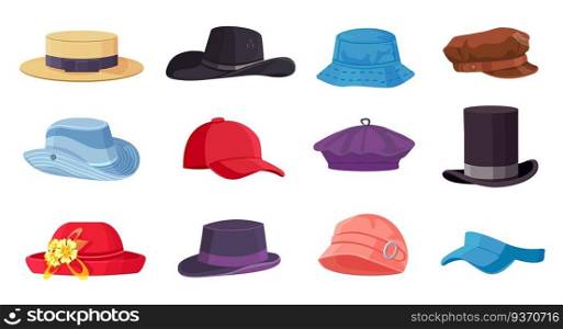 Cartoon headwears. Summer male and female fashion hats, cap, beret and cylinder. Cowboy and straw hat. Vintage clothes accessory vector set. Illustration headdress accessory, cap wear. Cartoon headwears. Summer male and female fashion hats, cap, beret and cylinder. Cowboy and straw hat. Vintage clothes accessory vector set