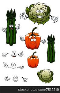 Cartoon healthful green asparagus, cauliflower and orange bell pepper vegetables characters isolated on white background, for vegetarian food or agriculture theme. Cartoon asparagus, cauliflower and bell pepper