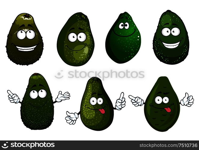 Cartoon healthy organic dark green avocado fruits characters with funny faces, isolated on white. For vegetarian food or agriculture harvest design. Funny green avocado fruits cartoon