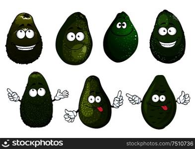 Cartoon healthy organic dark green avocado fruits characters with funny faces, isolated on white. For vegetarian food or agriculture harvest design. Funny green avocado fruits cartoon