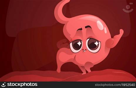 Cartoon healthy stomach in abdomen, cute character Internal organ mascot demonstrate power, show strong muscles. Tummy digestion system health care and gastroenterology medicine, Vector illustration. Cartoon healthy stomach in abdomen, cute character