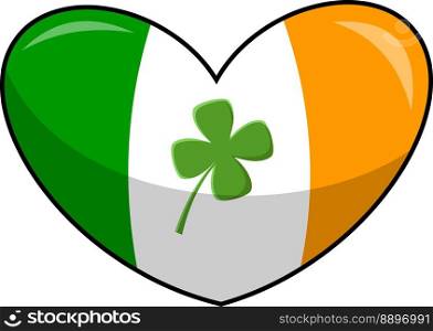 Cartoon Heart Ireland Flag And Shamrock. Vector Hand Drawn Illustration Isolated On Transparent Background