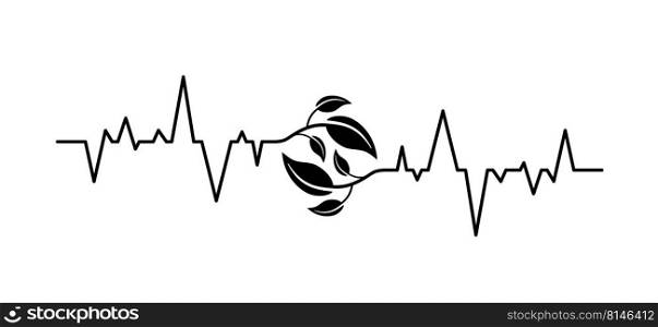 Cartoon heartbeat line pulse, wave with leaves. Heart cardiogram. Drawing rhythm line pattern. Heart beat ecg  ekg concept. Echocardiogram logo. human, heart rate and plus and minus result. Bio eco leaf