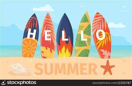 Cartoon hello summer poster with surfboard on sea beach. Tropical island landscape with swimming board on sand. Surf vacation vector concept. Tropical island with equipment for sport. Cartoon hello summer poster with surfboard on sea beach. Tropical island landscape with swimming board on sand. Surf vacation vector concept