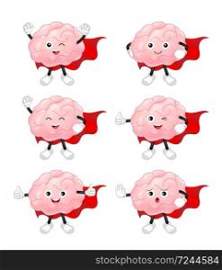Cartoon hero brain character set. happy cute superheroes. Inspiration cartoon brain concept. Vector illustration isolated on white background.