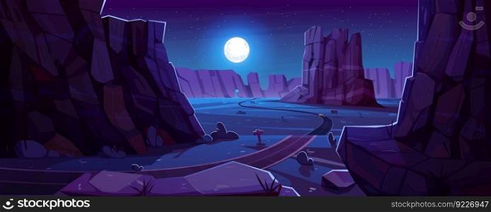 Cartoon highway running through night canyon. Vector illustration of dark rocky landscape with stones, cacti, desert road, singboards indicating direction, full moon glowing in starry midnight sky. Cartoon highway running through night canyon