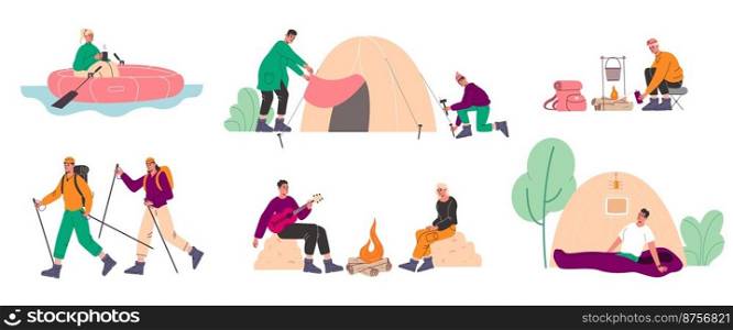 Cartoon hiking characters. Funny adventurers people. Outdoor activities. Travel camp accessories. Happy tourists relax in nature. Camping tent. River rafting. Nordic walking. Vector travelers set. Cartoon hiking characters. Adventurers people. Outdoor activities. Travel accessories. Happy tourists relax in nature. Camping tent. River rafting. Nordic walking. Vector travelers set