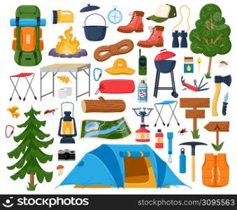 Cartoon hiking equipment, tourist camping campfire, tent and sleeping bag. Torch lighter, binoculars, barbecue grill and boots vector illustration set. Tourist elements hiking adventure. Cartoon hiking equipment, tourist camping campfire, tent and sleeping bag. Torch lighter, binoculars, barbecue grill and boots vector illustration set. Tourist elements