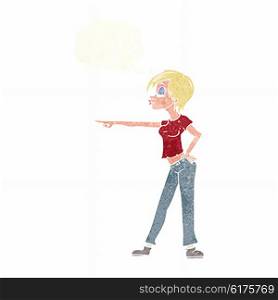 cartoon hip woman pointing with thought bubble